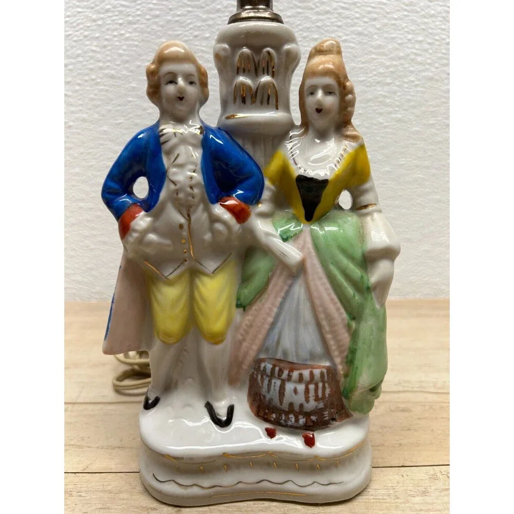 Vtg Porcelain Victorian Couple Night Stand Lamps Set Of 2 Original Shades Japan